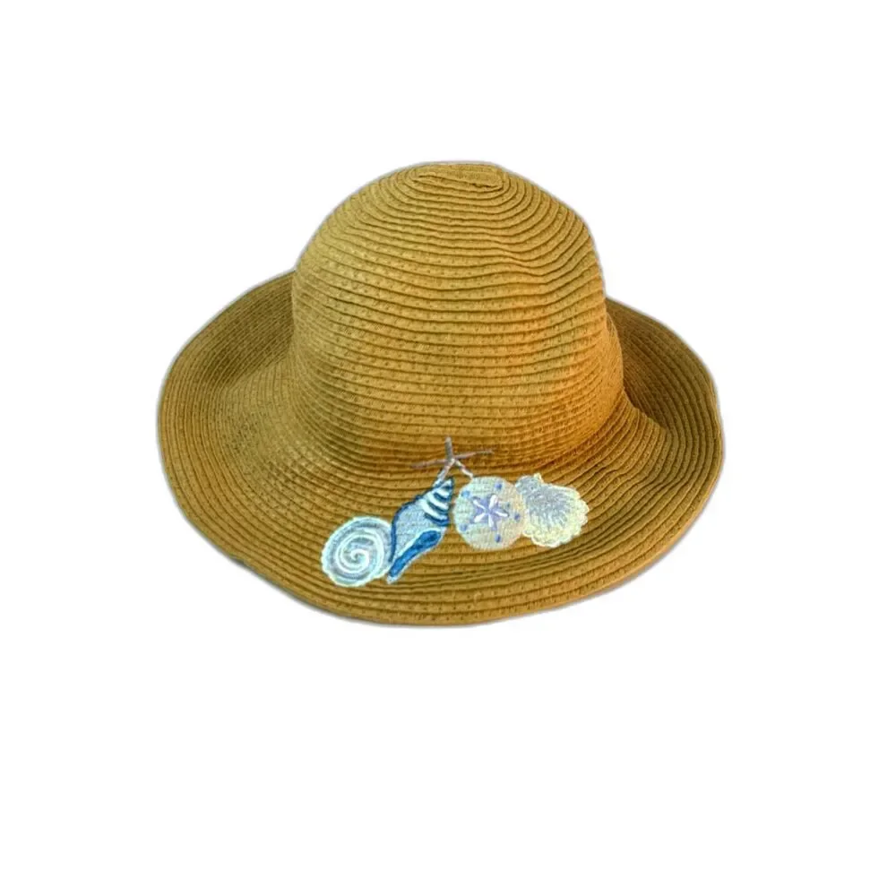 Steve Madden NWOT Women's Tan Sea Shell Embroidered Packable Sun Hat